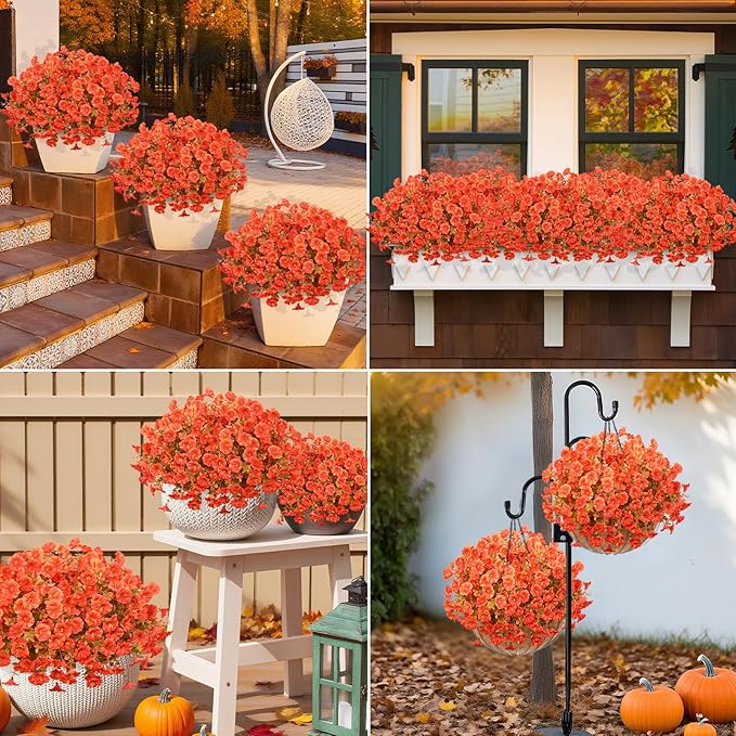 MARTINE MALL Artificial Fall Flowers for Outdoors, 24 Bundles Faux Fall Flower for Outdoor Planters, UV Resistant Fall Flowers Artificial for Outdoors Fake Autumn Petunias for Front Porch (Orange)
