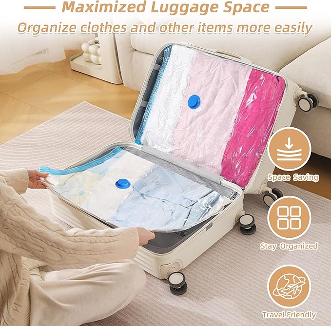 Travel Vacuum Bags with Rechargeable Pump,12 Pack Vacuum Storage Seal Bags for Clothing Suitcase Backpack, Space Saver Compression Clothes Storage Bag (12 Combo+ Electric Pump)