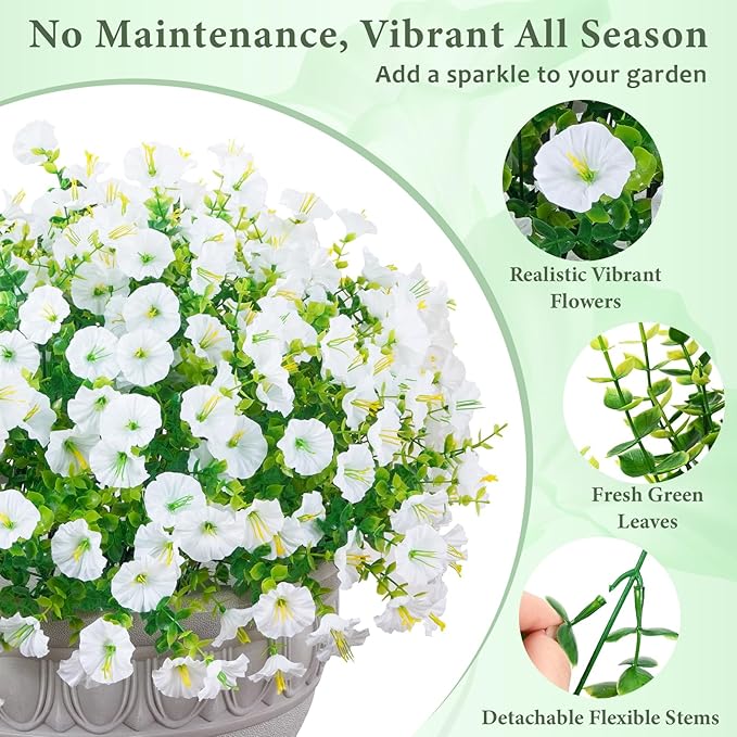 MARTINE MALL 12 Bundles Look Real Artificial Flowers for Outdoors, Realistic Fake Outdoor Flowers, UV Resistant Silk Petunia Flowers for Outside Faux Flowers Plants for Outdoor Porch, White