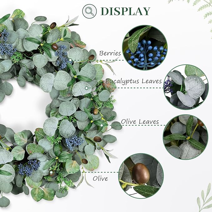24Inch Eucalyptus Wreath Set of 2, Large Eucalyptus Wreath for Front Door with Olive Leaves and Berries for All Seasons, Spring Summer Year Round Wreaths for Front Door Indoor Outdoor