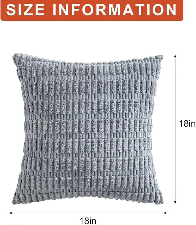 Aegero Pack of 2 Corduroy Decorative Throw Pillow Covers 18x18 InchSoft Boho Striped Pillow Covers Modern Farmhouse Home Decor for Sofa Living Room Couch Bed(Light Grey)
