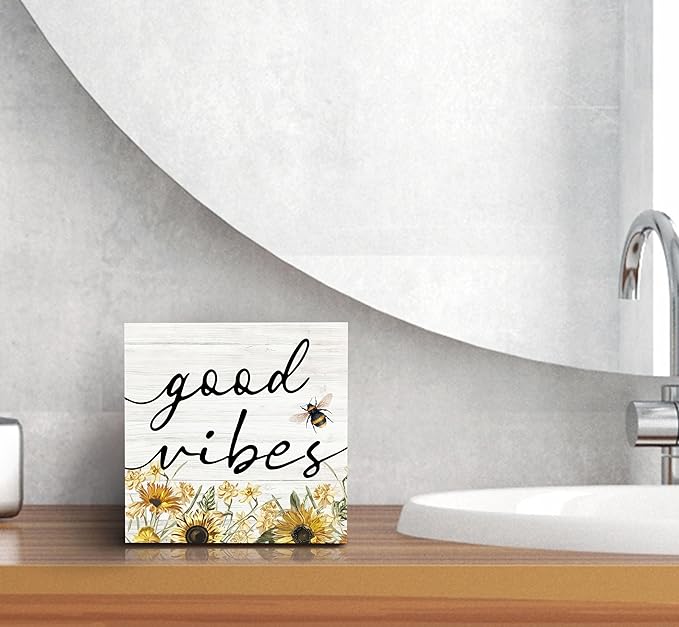 SRADMO Inspirational Bee and Sunflower Decor Wood Box Sign Desk Decor, Summer Rustic Wooden Block Box Sign Decoration For Home Office Shelf Table Decorative Accessories
