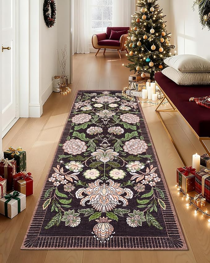 GarveeHome Plum Pink Floral Botanical 2x6 Washable Kitchen Runner Rugs Non Slip Black Purple Vintage Boho Cottage Long Rug for Hallways Bedroom Entryway Bathroom Mat with Rubber Back