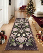 GarveeHome Plum Pink Floral Botanical 2x6 Washable Kitchen Runner Rugs Non Slip Black Purple Vintage Boho Cottage Long Rug for Hallways Bedroom Entryway Bathroom Mat with Rubber Back