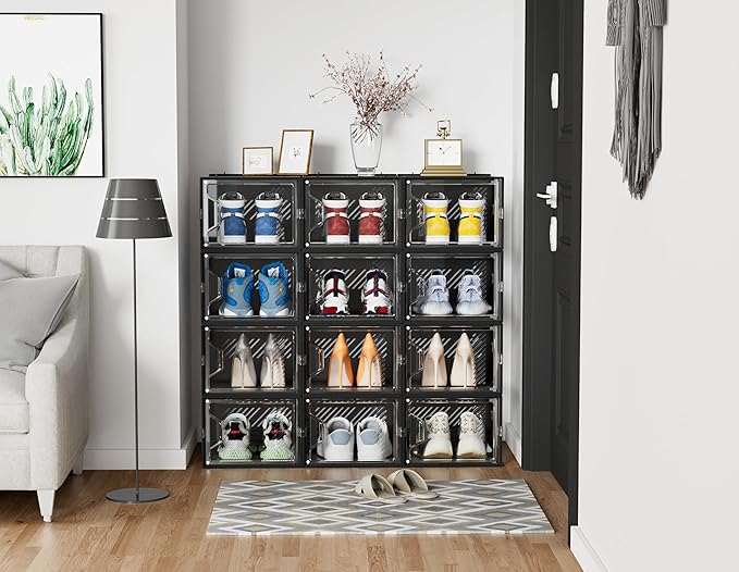 Shoe Storage, 12 Pack X-Large Shoe Organizer for Closet, Shoe Boxes Clear Plastic Stackable Shoe Storage Boxes for Size 13