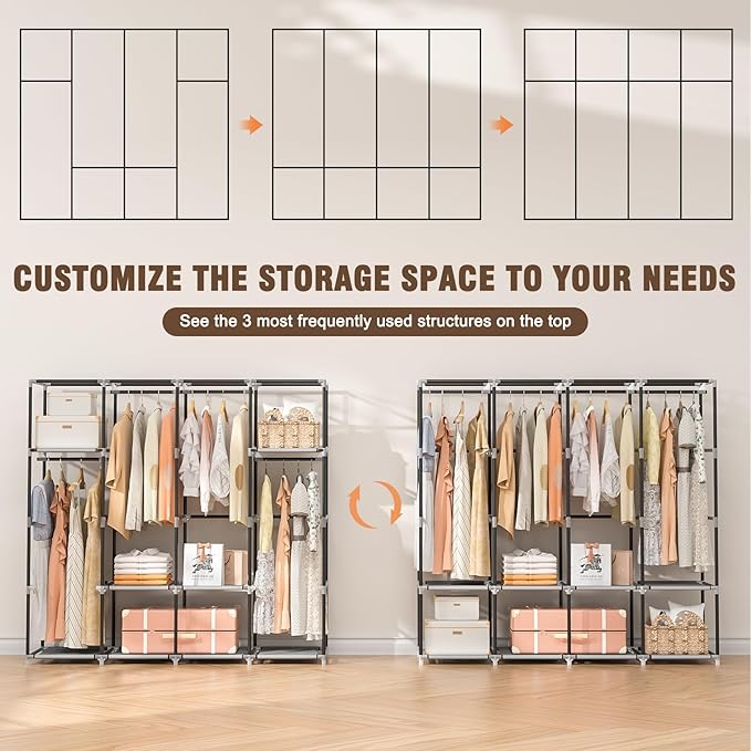 Portable Closet, 66 Inch Large Capacity Wardrobe for Closet Organizers and Storage with Non-Woven Fabric Cover, 4 Hanging Rods, 8 Shelves(Grey)