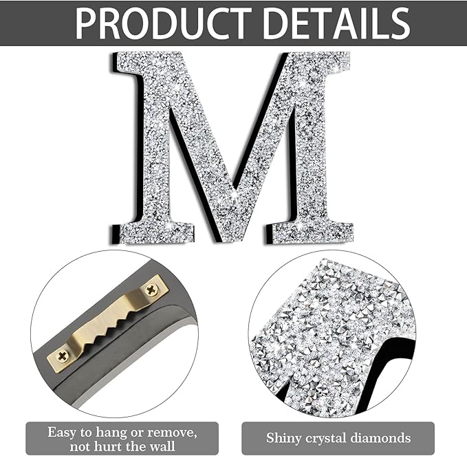 Qunclay 12'' Silver Crystal Diamond Bling Letters Crushed Diamond Decoration Wooden Glitter Letter with Screw and Hooks Rhinestone Gift for Wedding Y2k Mcbling Bedroom Wall Decor (Letter M)