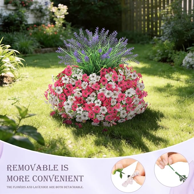 INQCMY Artificial Flowers for Outdoors UV Resistan 12 Pcs Silk Daisies with Eucalyptus Leaves and 2 Pcs Lavender Suitable for Porch Balcony Courtyard Garden (Rose Red White)