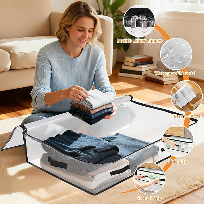 2 Pack Under Bed Storage Bags, 75L Foldable Clear Storage Containers with Handles, Dual Zippers for Comforter, Clothes, Bedding, Linen Sheets, Sweaters, Blanket Storage