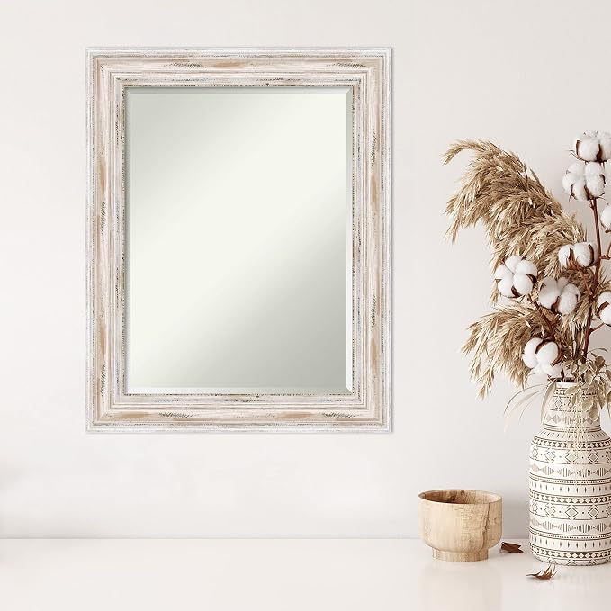 Amanti Art White Wall Mirror 29x23 Alexandria White Wash Rectangle Bathroom Mirror for Wall Decor Living Room, Medium Cottage Wood Frame, Hangs Horizonally and Vertically, Bathroom Decor, Beveled Edge