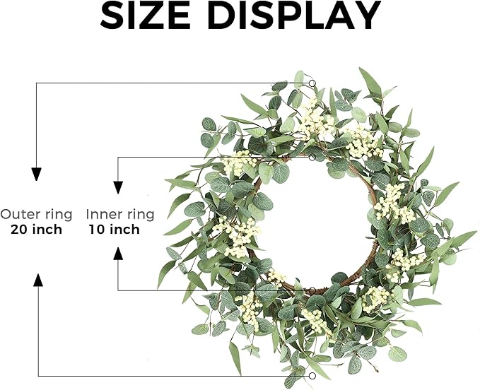 Pinkpum 20'' Eucalyptus Wreath for Front Door, Porch, Window - Green Decor for Home, Farmhouse - Spring, Summer, Fall, All Seasons