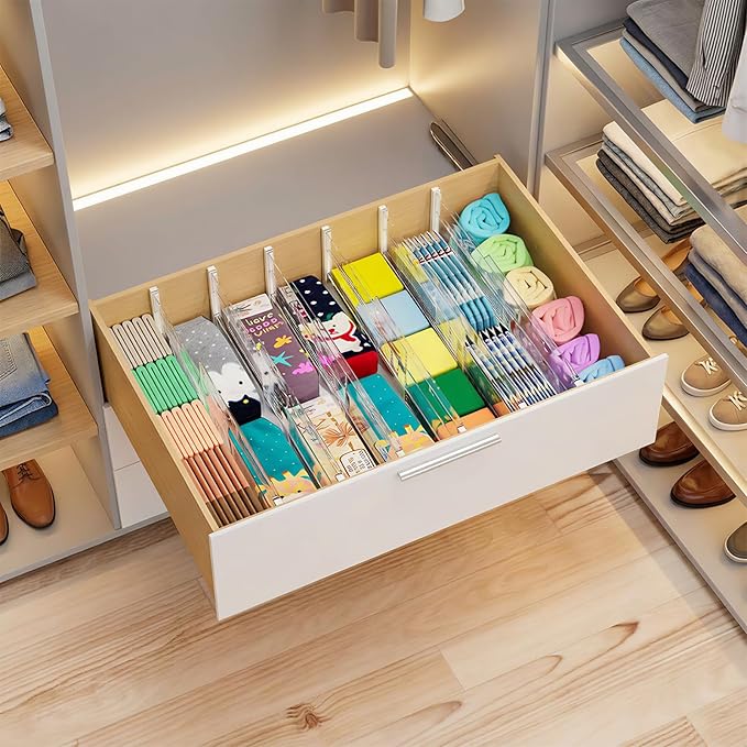 LETGO 8 Pack Drawer Dividers 6" High - Tall Acrylic Drawer Divider for Clothes, 12.3-18" Adjustable Dresser Deep Drawer Dividers,Expandable Dresser Separators for Kitchen Office Baby Clothing (8)