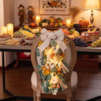 Valery Madelyn 24 inch Fall Pumpkin Teardrop Swag Autumn Harvest Door Hanger with Green & White Mini Pumpkins, Eucalyptus, Raffia, Berries and Striped Bow for Front Door Thanksgiving Table Centerpiece