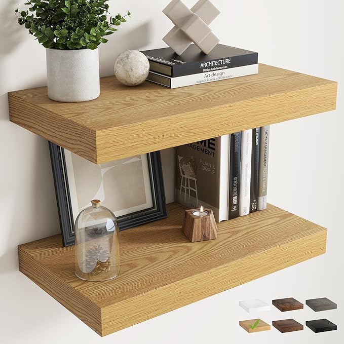 24 Inch Floating Shelves for Wall Set of 2, 12"D Wood Grain Bathroom Shelves with Invisible Brackets, Easy Install Engineered Wood Storage Shelves for Kitchen, Living Room, Bedroom, Oak Finish