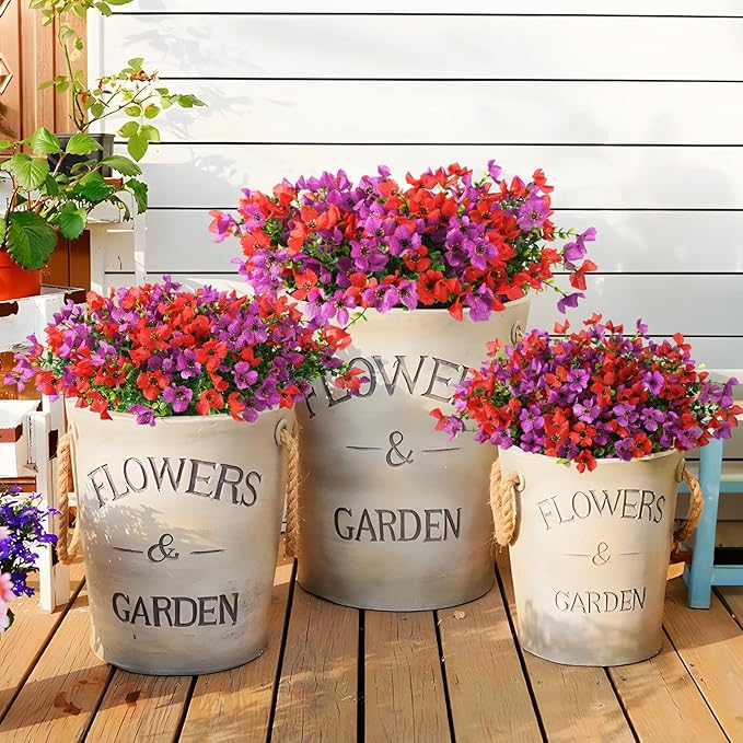 Homsunny Artificial Fake Flowers Plants for Outdoors - 12 Bundles Fake Plants Faux Silk Flowers Outside, UV Resistant for Planter Front, Porch, Garden, Patio, Spring Decor