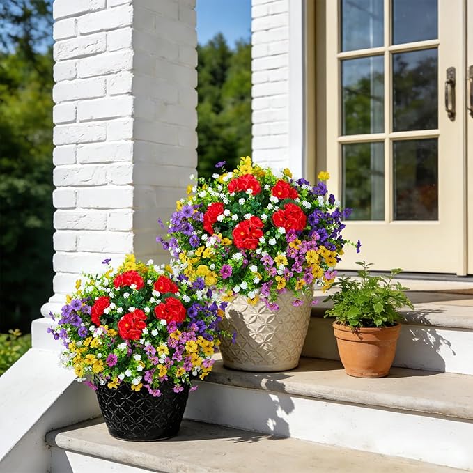 Fake Artificial Silk Flowers for Outdoors with Realistic UV Resistant, Faux Plants for Outside Indoor, Home Patio Garden Back Yard Front Poch Decor Spring Summer(12 Bunches)