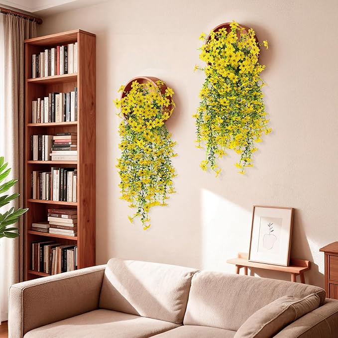 Artificial Fake Hanging Flowers Plants for Outdoor Spring Decoration,2 PCS Faux Silk Daisy with Eucalyptus Leaves,UV Resistant Look Real for Outside Home Indoor Planter Porch Patio Balcony Yard Decor