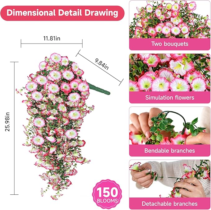 Artificial Hanging Flowers for Outdoors, 2 PCS UV Resistant Faux Silk 150 Morning Glory Each Trailing Vines, Fake Plants for Spring Outdoor Garden Planter Porch Patio Decoration, Pink