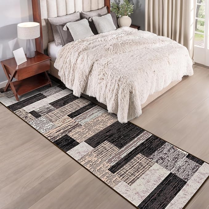 FlyDOIT Modern Geometric Patchwork Area Rug, 2.7x8 Chocolate Runner Rugs for Living Room, Rockwood Collection Indoor Rugs for Bedroom, Throw Carpet Floor Decor for Entryway Dining Room Office Nursery