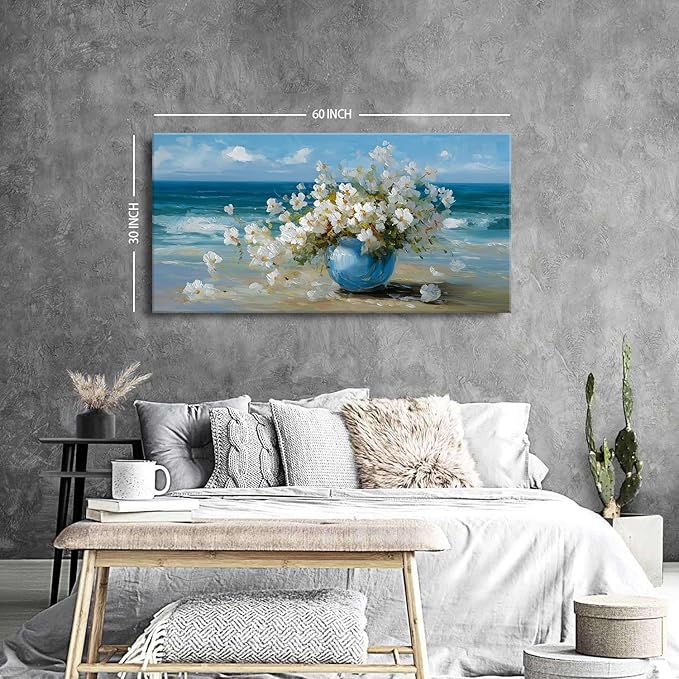 Vintage Flowers Canvas Wall Art White Blossom Painting Retro Flowers in Blue Vase Pictures Blue Ocean Coastal Landscape Prints Poster Floral Artwork for Bathroom Bedroom Home Decoration 29.53x57.87"