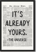 Framed Black And White Retro Newspaper Wall Art ItS Already Yours Universe Quote Poster Trendy Positive Inspirational Wall Decor for Bedroom Office Apartment Dorm Affirmation Canvas Print 12x16inch