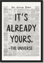 Framed Black And White Retro Newspaper Wall Art ItS Already Yours Universe Quote Poster Trendy Positive Inspirational Wall Decor for Bedroom Office Apartment Dorm Affirmation Canvas Print 8x12inch