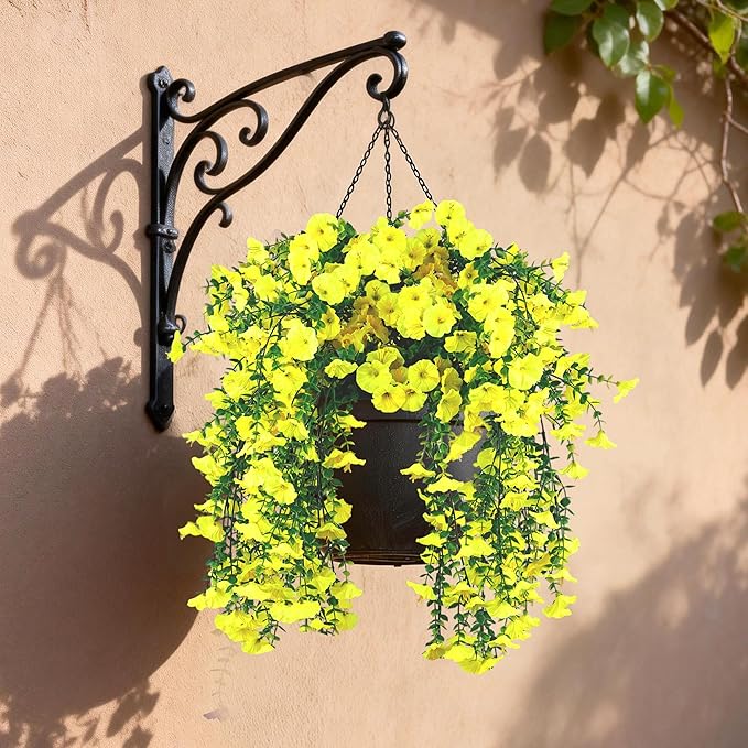 Artificial Hanging Flowers for Outdoors, 4 PCS UV Resistant Faux Plants Silk Realistic 150 Morning Glory Each Vines, Fake Plastic Floral for Garden Patio Spring Summer Decor, Yellow