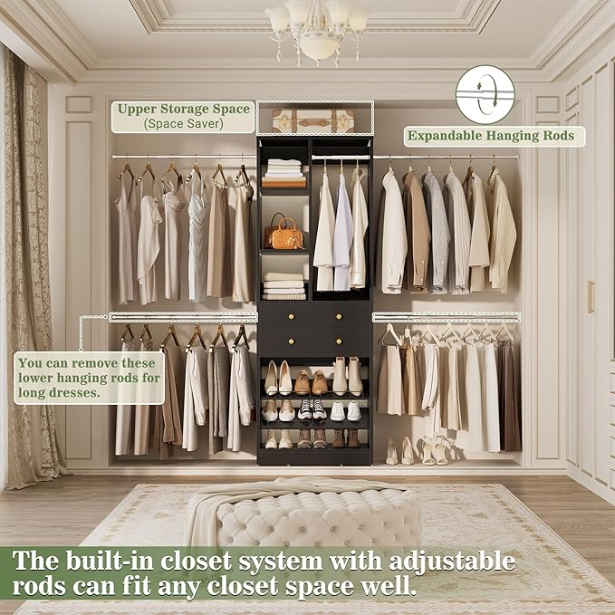 Closet System, 4.2–8.8 FT Closet Organizer with 2 Wooden Drawers and Shelves, Walk-in Closet System with 5 Hang Rods, Built-in Closet Tower, Can Fit 60 to 96 inch, Black