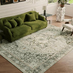 5×7 Machine Washable Rug for Living Room, Boho Vintage 5×7 Area Rug，Distressed Accent Low Pile Ultra Soft Large Carpet for Bedroom Bathroom Dining Room, Floral/Green
