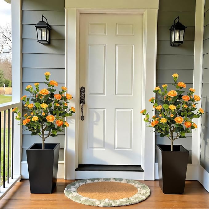 Bellacat 4ft Artificial Camellia Tree with Silk Orange Flowers, 48in Faux Camellia Plant with Lifelike Trunk, Fake Flower Tree Potted Front Door Plants for Porch Patio Deck Living Room Decor, 2Pack