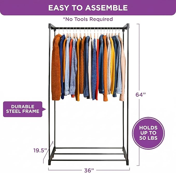 HOLDN’ STORAGE Portable Wardrobe Closet - 50 lb Capacity, Internal Heavy Duty Metal Rod, Zipper & Clear Window, Durable Clothes Organizer, Tool-Free Easy Assembly, Dark Gray Canvas Cover