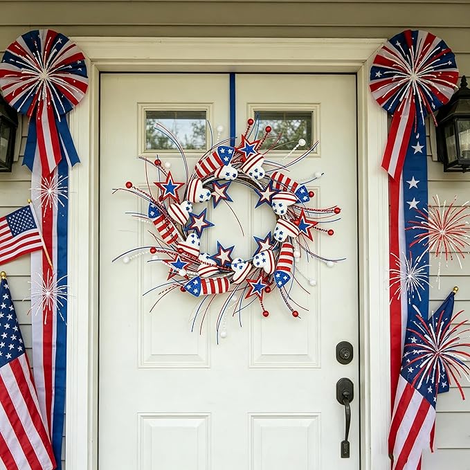 AMF0RESJ 4th of July Wreath Patriotic Wreaths for Front Door with red,White,Blue Glitter Star for Front Door Farmhouse Home Wall Independence Day Decoration