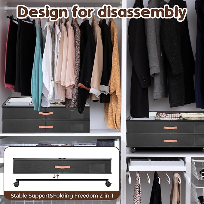 Under Bed Storage with Wheels 2-Pack, Under Bed Storage Containers 66L Clear Lids, Rolling Storage Drawers for Clothes Shoes Blankets, Underbed Organizer Bins(32" L x 17.3" W x 7.2" H)