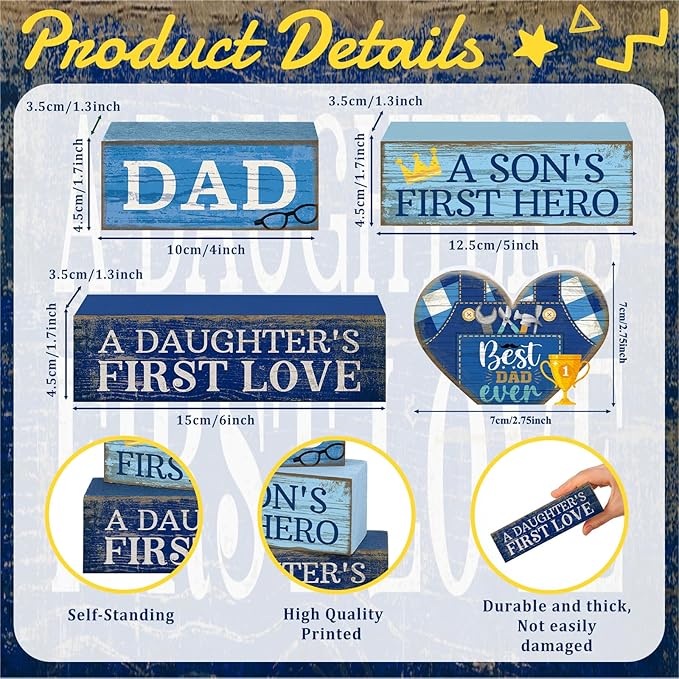 Lineshading 4 Pcs Fathers Day Table Decorations Wooden Blue Heart Trophy Decor Happy Father's Centerpieces Gifts for Dad from Daughter Son Fathers Day Decoration for Home Shelf Indoor Party Decoration