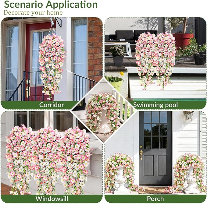 Waipfaru Artificial Petunias Flowers for Outdoors, 4 Pcs UV Resistant Fake Hanging Plants Spring Outside Decor, Faux Silk Flowers Long Trailing Vines for Outdoor Planters Porch Garden