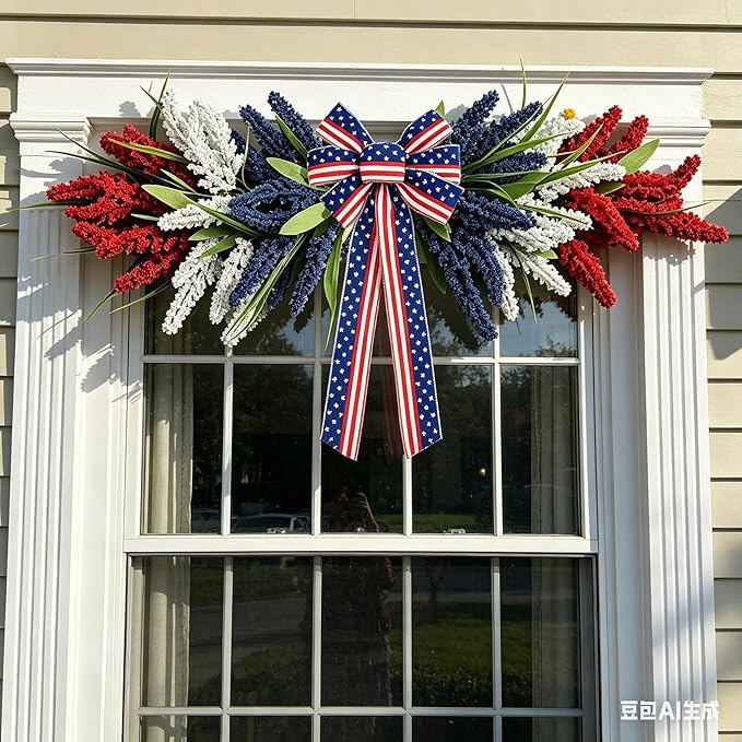 21'' 4th of July Large Swag Wreath for Front Door Red White and Blue Wheat Sheaf Artificial Independence Day Teardrop Swag for Farmhouse Kitchen Cabinet Porch Wall Window Memorial Day Arch Decoration