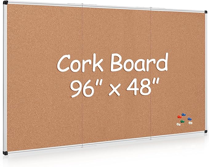 Extra Large Cork Bulletin Board 96" X 48", Foldable Notice Pin Board for Wall, Silver Aluminum Framed 8'x4' Corkboard, Wall Mounted Noticeboard with 36 Push Pins for School, Home & Office
