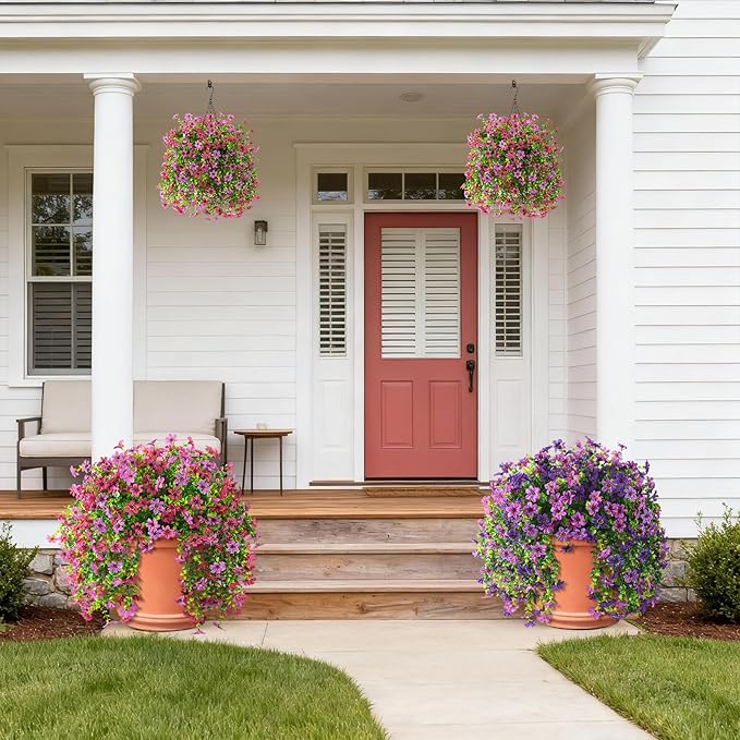 Artificial Hanging Flowers for Outdoors, 2 Pcs Fake Hanging Plant Spring Summer Decoration, UV Resistant No Fade Faux Flower for Porch Patio Yard Window Home Decor(Light Purple Red)