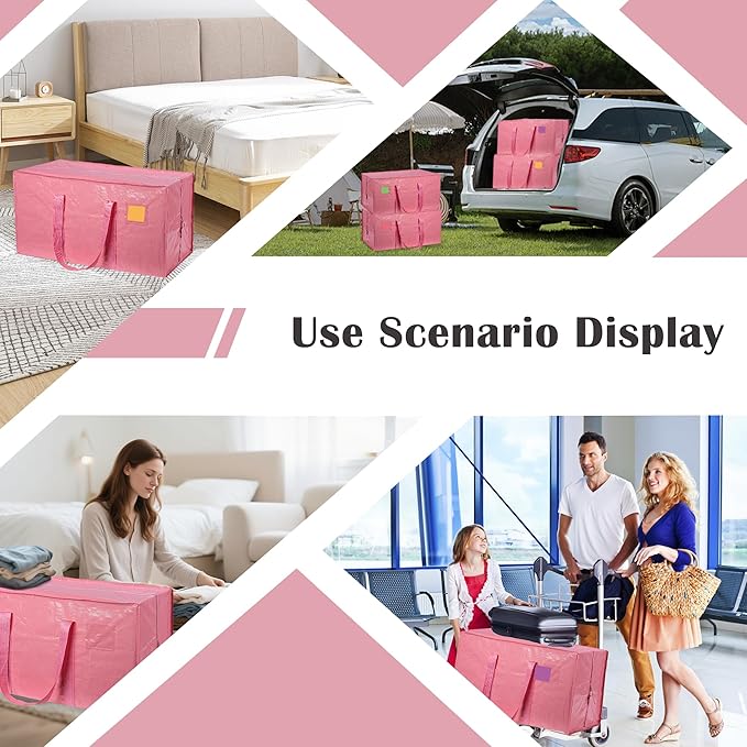 6 Pack Extra Heavy Duty Large Moving Bags with Reinforced Zipper & Wide Handles, Waterproof Storage Bins for Clothes, College Dorm, Travel, and Home Organization, Pink