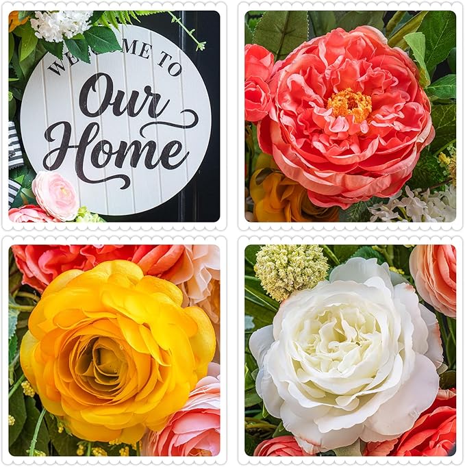 Spring Summer Wreaths for Front Door 24 Inch, Half Moon Wreath with Peony, Rose & Dalia, Outdoor Spring Wreaths for Front Door Outside, Summer Wreath for Front Door Farmhouse Welcome Sign Door Decor