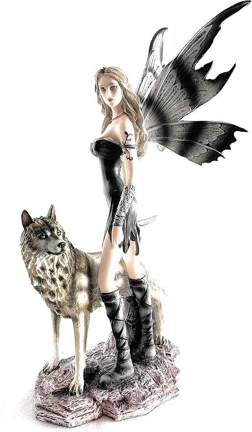 Warrior Fairy and Snow Wolf Fantasy Collectible Statue Figurine, 11X8 inches