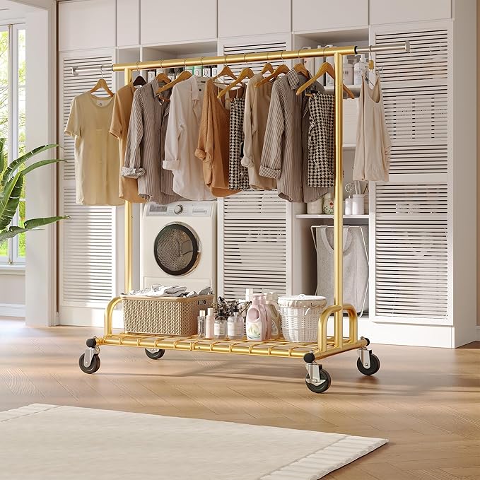 Raybee Heavy Duty Clothes Rack, Gold Clothing Racks for Hanging Heavy Clothes 200+, Rolling Clothing Rack Load 530 LBS, Extendable & Adjustable Portable Commercial Garment Rack with Wheels, Gold
