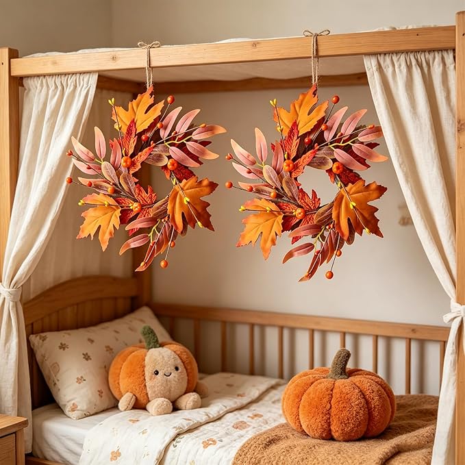 6 PCS Mini Fall Wreaths for Kitchen Cabinet 9 Inch Fall Maple Leaf Wreath for Front Door Small Autumn Hanging Wreath Thanksgiving Candle Ring for Farmhouse Home Porch Wall Window Table Decoration