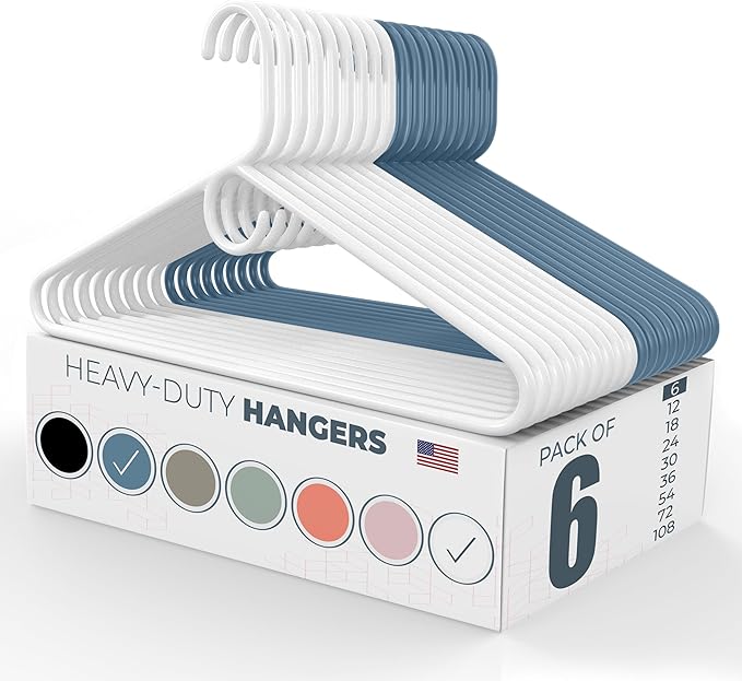 Neaties Heavy Duty Clothes Hangers 6 Pack – Made in the USA – 8lb Capacity Plastic Hangers for Adult Clothing – Durable for Pants, Coats, Jackets, or Jeans – White & Blue