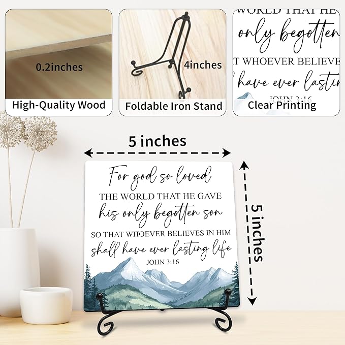 For God So Loved the World that He Gave Wooden Sign - 5" Christian Wooden Plaque With Metal Support - Rustic Tabletop Home, Office Room Decor - Gifts For Family & Friends - A06
