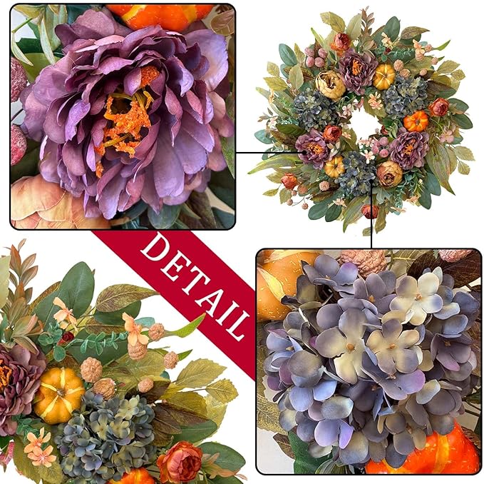 WANNA-CUL 24 Inch Spring Fall Wreaths for Front Door with Blue Hydrangea, Fall Wreath with Purple,Orange Peony-Fall Decoration for Home-Fall Decor Door Wreath for Valentines Day Mothers Day Autumn