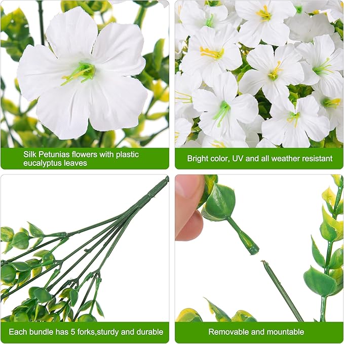 INSPRING Artificial Faux Hanging Flowers Basket for Outdoors Spring Fake Plants, UV Resistant White Silk Morning Glory in Planter Realistic Petunia Flowers for Outside Patio Porch Garden Home Decor