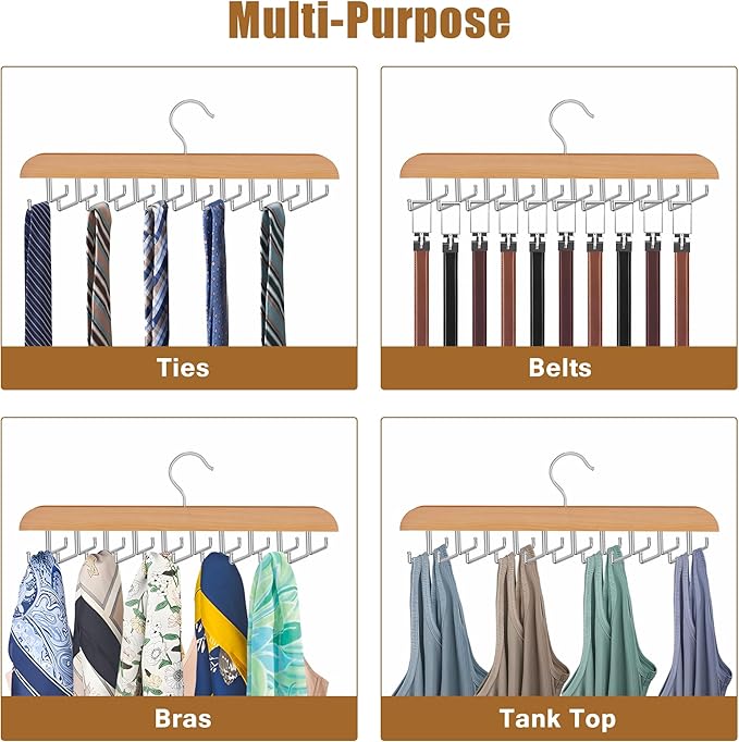 Tie Rack Hanger for Closet, 2 in 1 Belt Tie Hangers with 20 Folding Hooks, 360 Degree Rotating Wooden Tie Holder Organizer for Men Ties Belts Scarves Tank Tops Accessories, Wood (2 Pack)