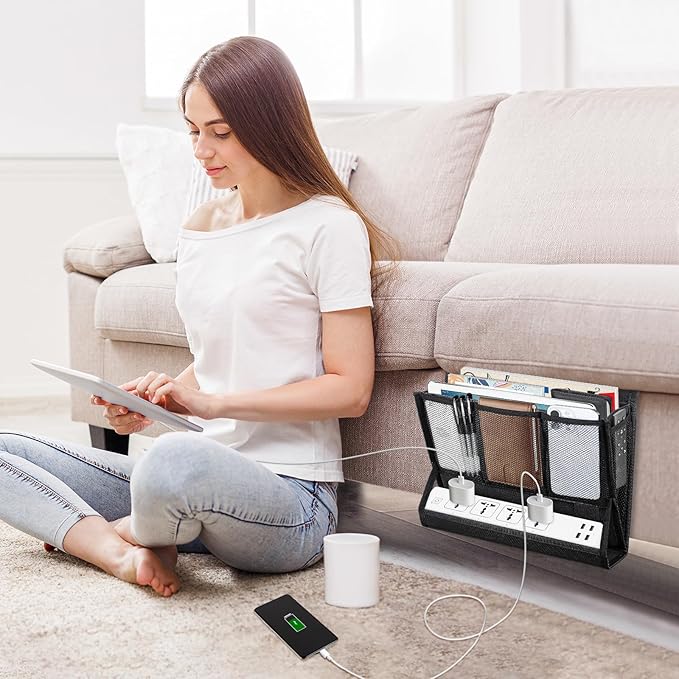 AKAYOK Bedside Caddy Hanging Bed Organizer Storage Bag Pocket with Power Strip Holder Multi-functional Organizer Caddy for Remotes Phone Glasses Magazines, Tablets, Accessories (7 pocket)