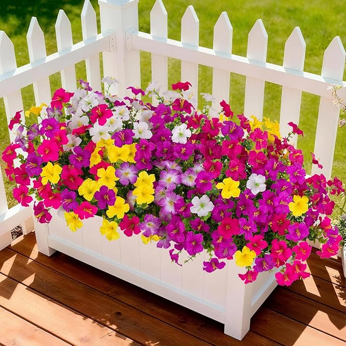 INQCMY Artificial Fake Flowers for Outdoor Spring Decoration,12 Bundles Faux Silk Colorful Morning Glory with Eucalyptus UV Resistant Realistic Fake Plants for Outside Planter Porch Patio Yard Garden
